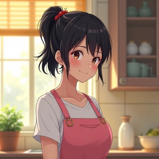 Anime style illustration of a young woman with dark hair in a ponytail. She has a shy smile and is wearing a pink apron. The setting is a cozy kitchen with warm sunlight.