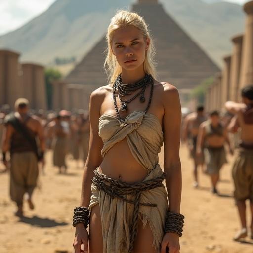 A woman dressed in ancient Peruvian war captive attire. She has long blonde hair styled in an updo. Deep blue eyes and sharp features highlight her athletic build. Appears despairing with hands lowered. Tattoos on her body reflect traditional designs. Set against an ancient cityscape with temples and markets in background. Bright lighting enhances the scene.