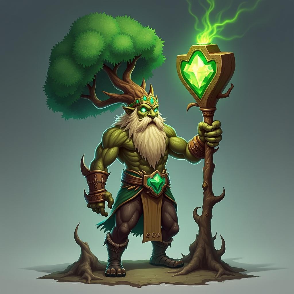 Grand Oakheart stands tall with a gnarled staff. Staff made of petrified oak and glowing emerald crystals. Root tendrils emerge from the ground. Acorn emblem glows bright. Emerald accents in his crown resemble fireflies.