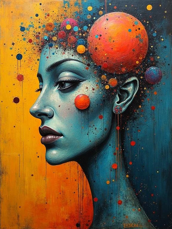 Abstract artwork depicting a human head with colorful spheres. The background features a blend of orange and turquoise colors. The figure is stylized with a smooth neck. The composition includes dots in various sizes. The overall look is vibrant and expressive.