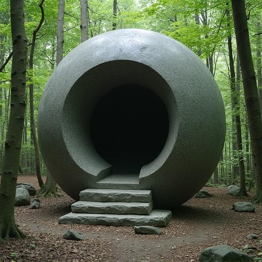 Hollow granite sculpture representing Plato's spherical humans set in a forest. Sculpture is large and circular, surrounded by trees and stones. Soft natural lighting enhances the scene.