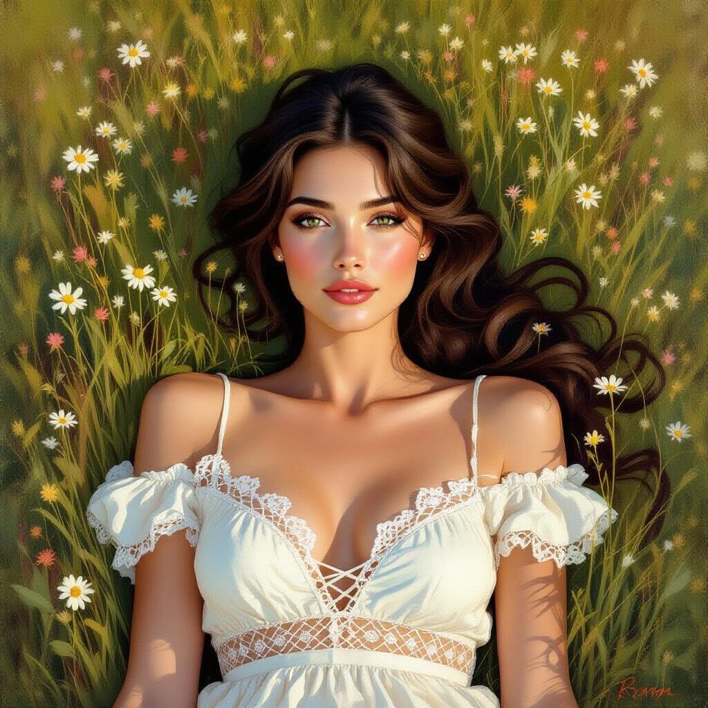 A woman lies in a lush green meadow surrounded by flowers. She wears a delicate white mini dress and has long, flowing hair. The artwork evokes a sense of peace, love, and natural beauty. A 1970s vibe is present throughout the piece.