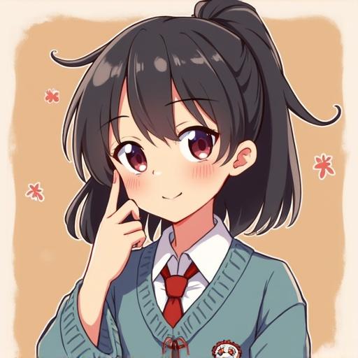 Anime-style illustration of a high school girl. She has dark hair and is wearing a school uniform. Her expression is playful and she poses with her fingers. The background is a soft color with subtle flower decorations.