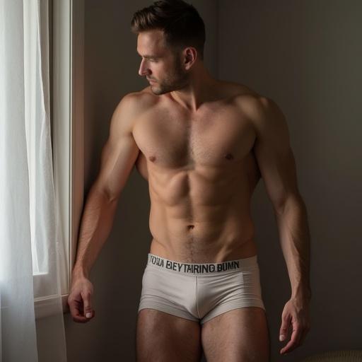Image of a man posing in white underwear near a window. Natural light illuminates him, showcasing a relaxed and confident look. He has a muscular build and a neutral expression.