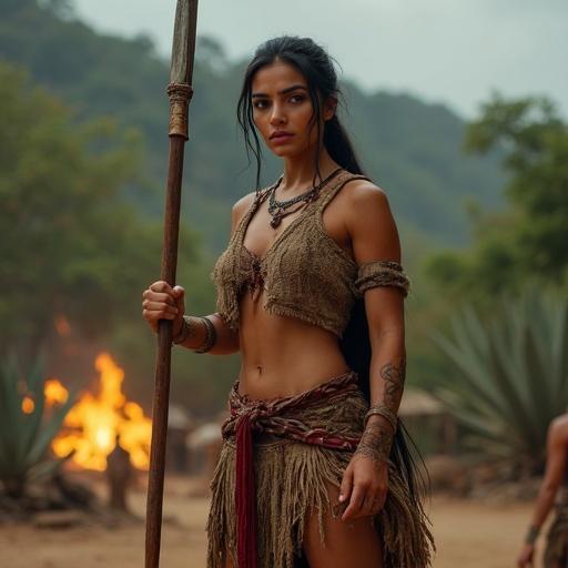An Arab woman in her early 20s with long dark hair in an updo and sharp features. Athletic build with defined abs and strong limbs. Wearing ancient Mexican militia attire with a ragged cotton tunic, tattered cloak, and sandals. Posed dynamically with a macuahuitl and a spear. Tattoos featuring jaguar and sun motifs on face and body. Background shows an ancient battlefield with jungle, burning temples, and scattered weapons. Overcast lighting highlights muscles and attire.