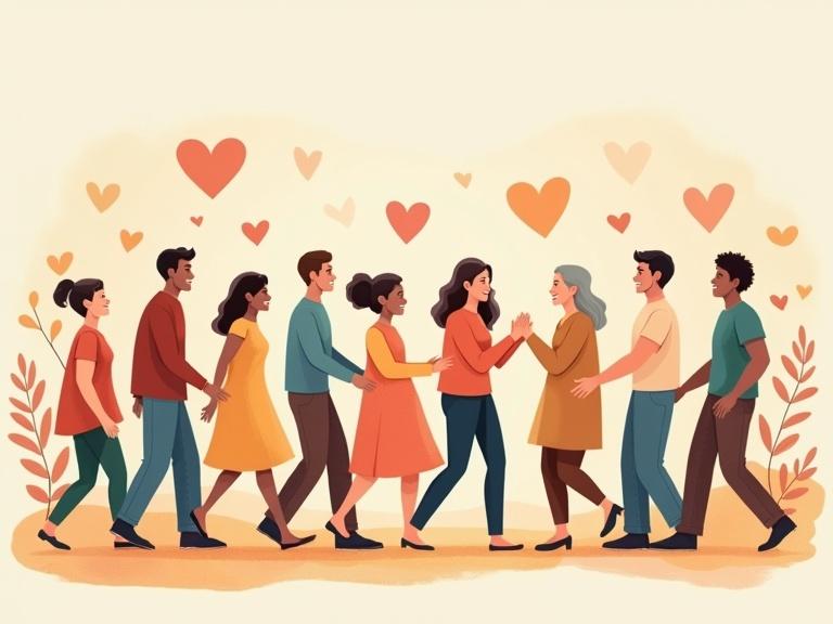 A warm and inclusive scene showing people living with urinary incontinence. Diverse group of men and women engages in everyday activities. They walk and laugh together. Background features soft anatomical illustrations of the urinary system. Elements of support like a hand reaching out, someone listening, or pelvic floor exercises included. Colors should be comforting and tone compassionate. Conveying hope and empowerment.