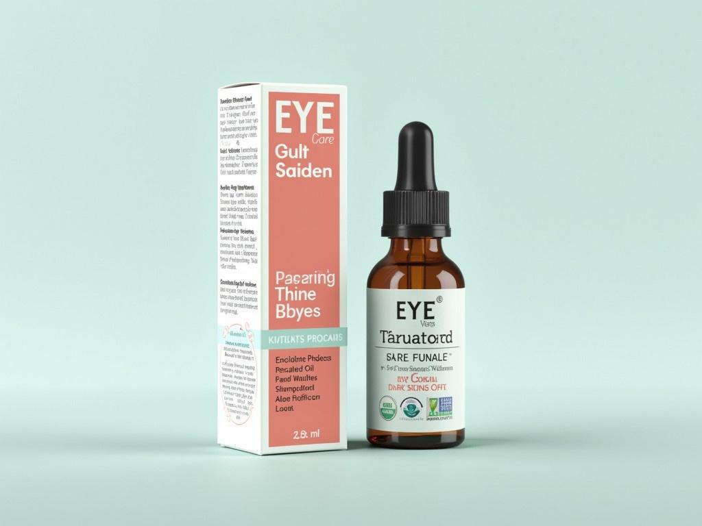 This image showcases a bottle of eye care essential oil prominently displayed alongside its box packaging. The product is designed to improve dark circles and fine lines around the eyes. The label on the bottle highlights its benefits and the brand name, emphasizing its use for eye skin care. The packaging features bright colors and clear text that draws attention to the product's capabilities. Overall, the design portrays a sense of reliability and focus on skincare.