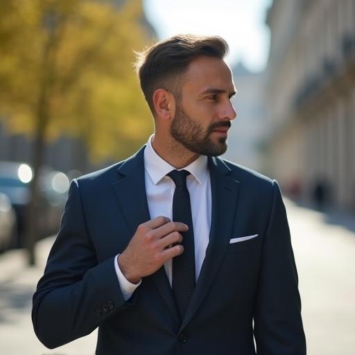 Man adjusts his tie while walking. Setting is outdoors. Image captures confidence and style. High-quality photo taken with an 85mm lens. Features natural lighting and a film grain aesthetic.