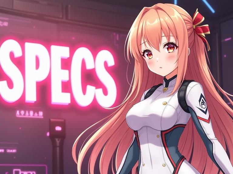 Anime character inspired by Sword Art Online. She has long light orange hair. Wearing a stylish white school and combat uniform. The background features a tech theme with bright pink neon elements. Large letters saying SPECS are featured prominently. Feminine and cute style emphasized.