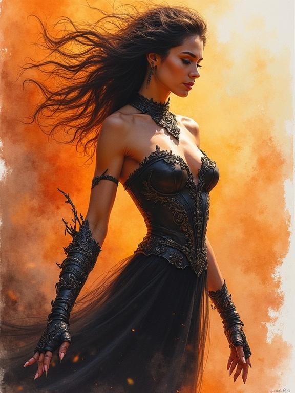 Watercolor painting of a powerful woman in a dramatic pose. She stands in a fiery landscape wearing a stylish, sexy outfit. The painting emphasizes her magic powers and beauty. Expressive eyes and makeup add to her allure. Detailed and high-quality art.