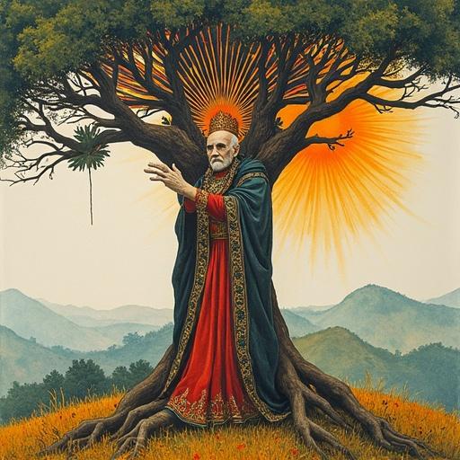 Artsy watercolor artwork inspired by Mucha and Moebius depicting an Andean king transforming into a tree among mountains. The king is adorned in rich colors and detailed patterns.