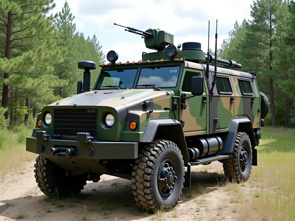 The image features a military vehicle with a rugged and camouflaged exterior. It is painted in shades of green and brown, designed to blend into forested environments. The vehicle is positioned in an open area surrounded by trees, showing a mix of green foliage and a clear sky. There are various antennas and equipment mounted on the top, highlighting its functionality for communication and surveillance. The tires are large, emphasizing its off-road capabilities. Overall, the vehicle looks sturdy and ready for tactical missions.