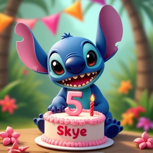 Birthday-themed image featuring Stitch character beside a cake. Cake has number 5 candle and name Skye. Background is a vibrant tropical park with flowers and a colorful banner.