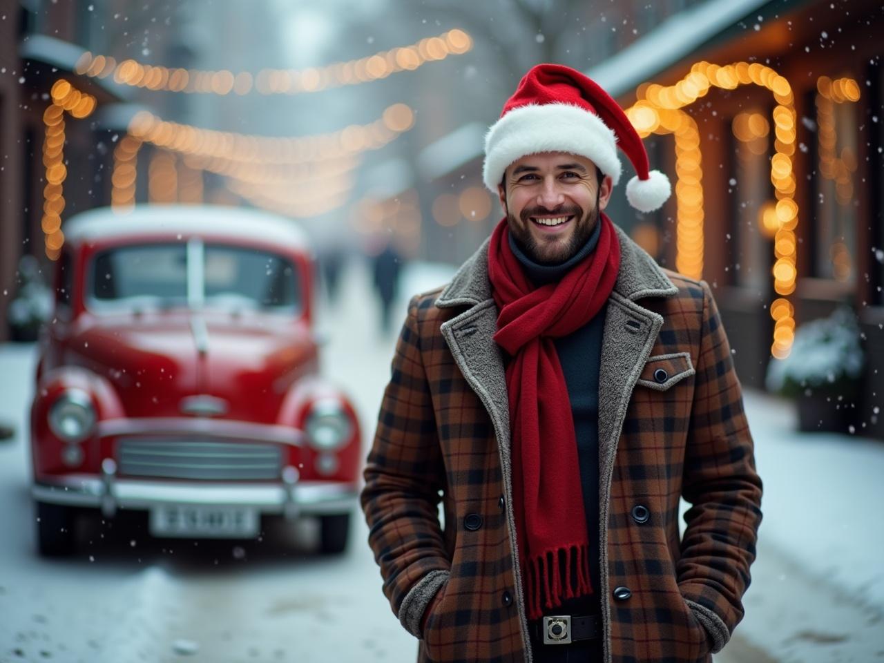 A smiling man is in a snowy street, wearing a Santa hat and a plaid coat. The area is adorned with twinkling holiday lights, enhancing the festive atmosphere. Nearby, a vintage red car is parked, adding to the charm of the scene. Snow gently falls around, creating a picturesque winter wonderland. The overall vibe is warm and cheerful, evoking the spirit of the holiday season.