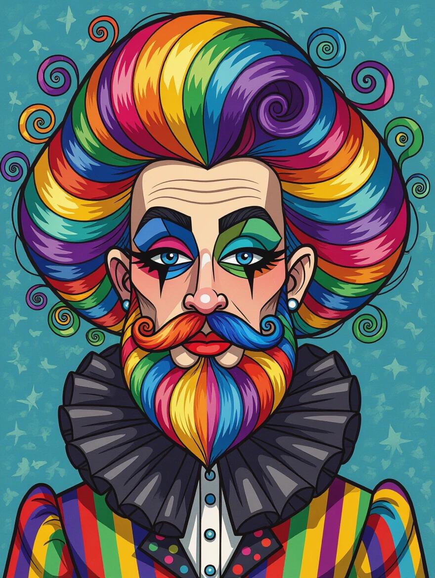 Highly stylized caricature features a person with rainbow striped hair and beard. Flowing colorful curls adorn the head. Heavy stage makeup creates a dramatic look. A dark fabric garment with ruffle detail is at the neckline. Digital cartoon style is used. Bright and bold colors with thick outlines are prominent.