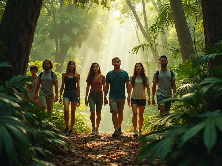 Seven diverse adults walking through a tropical forest. Tall trees surround them with lush green foliage. Sunlight filters through the canopy, creating a warm atmosphere. The ground has leaves and ferns. Group shows alertness and curiosity.