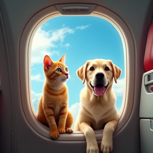 A happy orange tabby cat and a yellow labrador dog sit near an airplane window. They wear small headphones. Outside is a bright blue sky with fluffy clouds. The airplane interior looks modern and well-lit. Other passengers are blurred in the background.