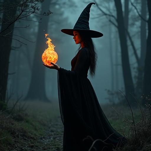 Witch casting a spell in dark forest with long black dress and tall pointed hat holding glowing orb of fire