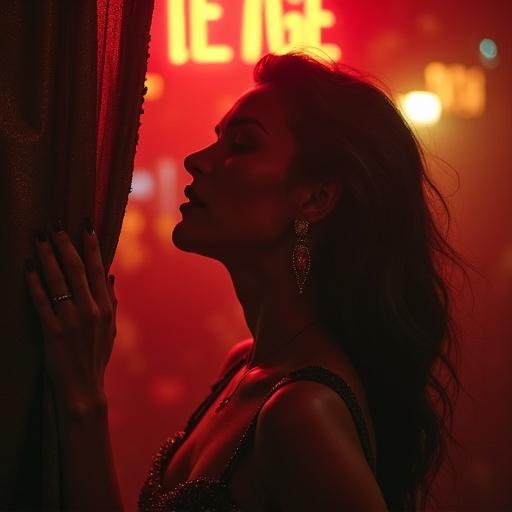 A striking exotic dancer stands at the edge of a dimly lit nightclub stage. She wears a sequined bodysuit and her lips glisten after performing. She tilts her head, eyes fixed on a man in the front row. Her fingers trace a frayed curtain. The scene is filled with smoky haze, warm amber tones, and reflections of neon lights. Shadows stretch across her skin. The background is blurred, focusing on her expression and diamond earring.