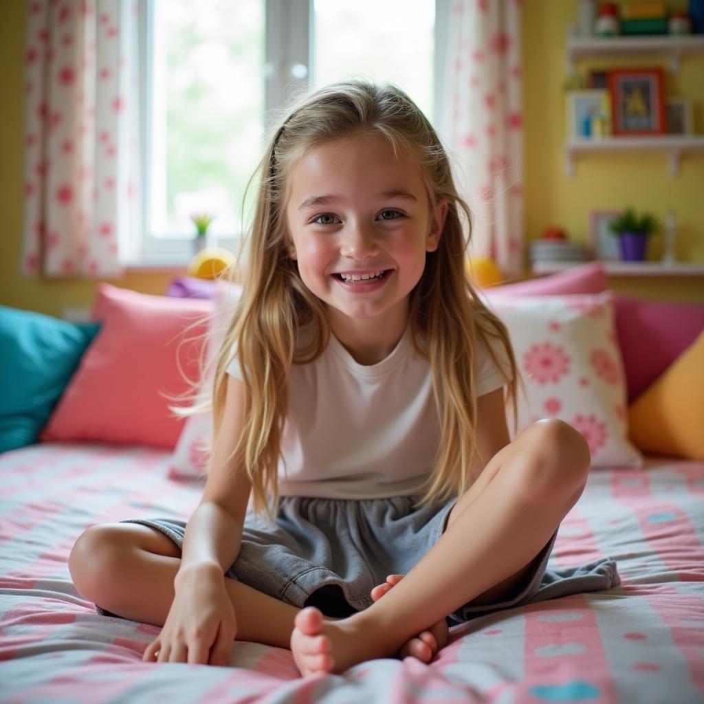 This image shows a cheerful 13-year-old girl sitting cross-legged on a bed. She is barefoot and dressed in a casual white t-shirt and a gray skirt. The bed has bright pink and blue bedding, creating a vibrant atmosphere. Behind her, there are colorful pillows and a warm, inviting room decorated with plants. The natural light entering from the window enhances the joyful and cozy feel of the scene.