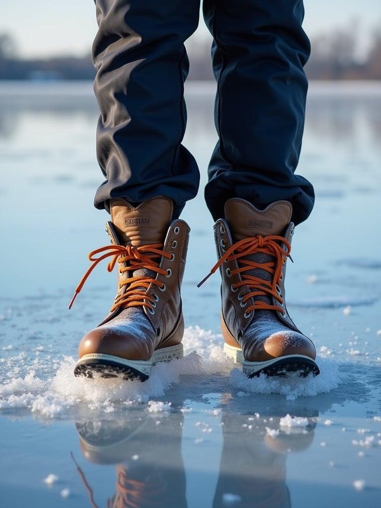 Footwear seen on ice. Brown leather winter boots have orange laces. Snowflakes are visible near boots. Winter landscape in the background. Clear blue sky reflects on the icy surface.