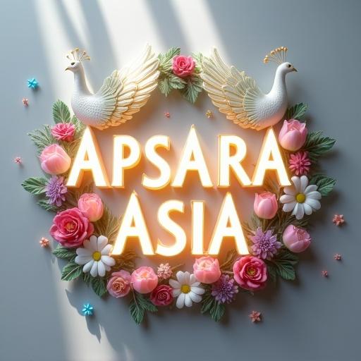 Decorative name sign in whimsical pastel style featuring 'APSARA ASIA'. Three-dimensional luminous white letters adorned with peacocks. Floral wreath with tulips, daisies, roses, and purple blooms. Soft blue and pink star decorations. Light gray background with shadows. Diffused lighting creates magic.