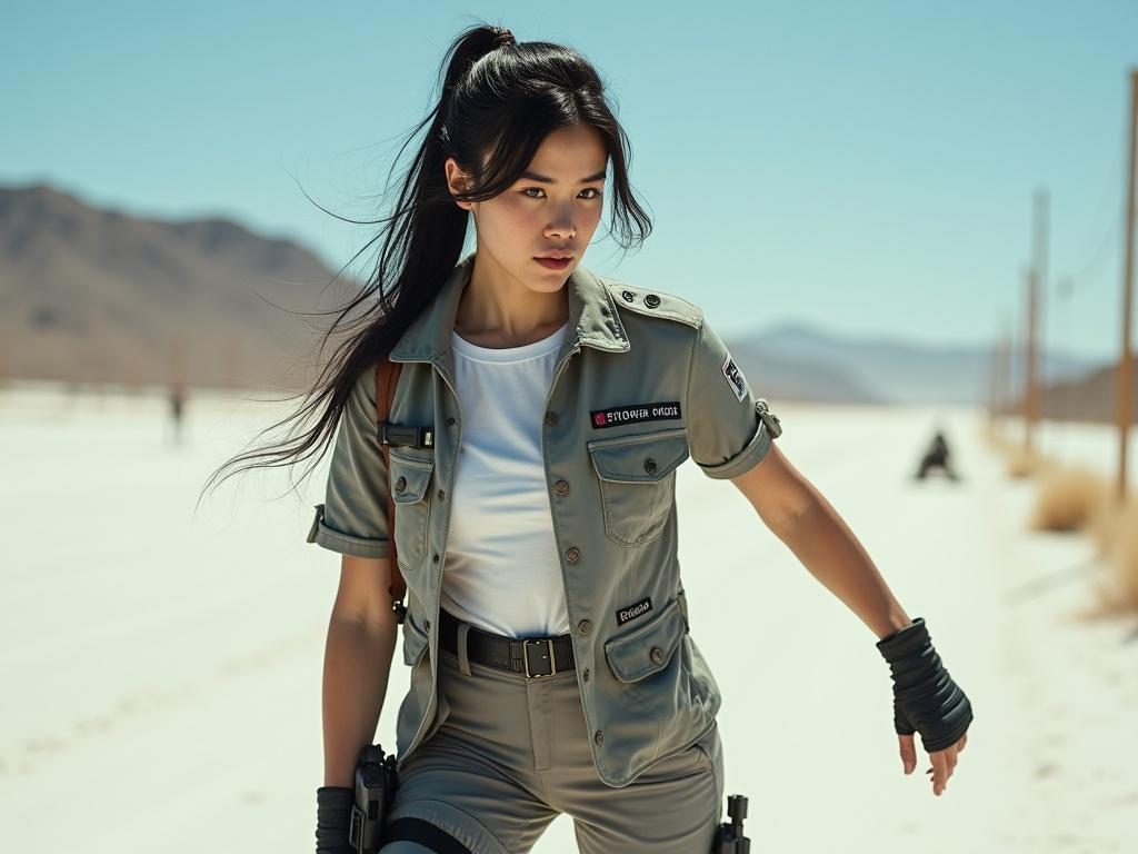 Realistic depiction of a female soldier with a long ponytail. She wears a grey short jacket over a white t-shirt, paired with grey pants and boots. The setting is a white desert with a blue sky. The environment shows an obstacle course under sunlight with visible shadows.