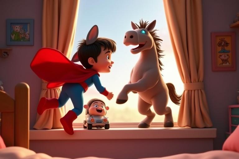 Joyful animated scene featuring a child in a red cape and blue suit with a horse and a toy car. Bright sun shines through the window. Background includes a cozy bedroom.