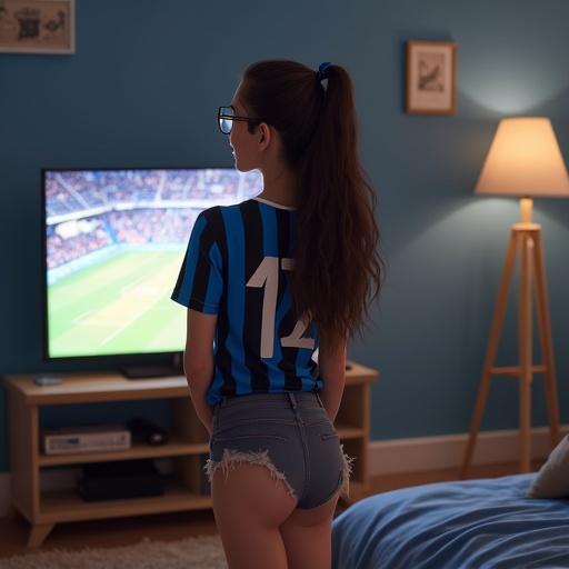 Brunette girl with glasses stands near the TV. She wears a t-shirt with sports team colors. Cheerful demeanor while watching football. Slim legs visible in shorts. Comfortable indoor environment.