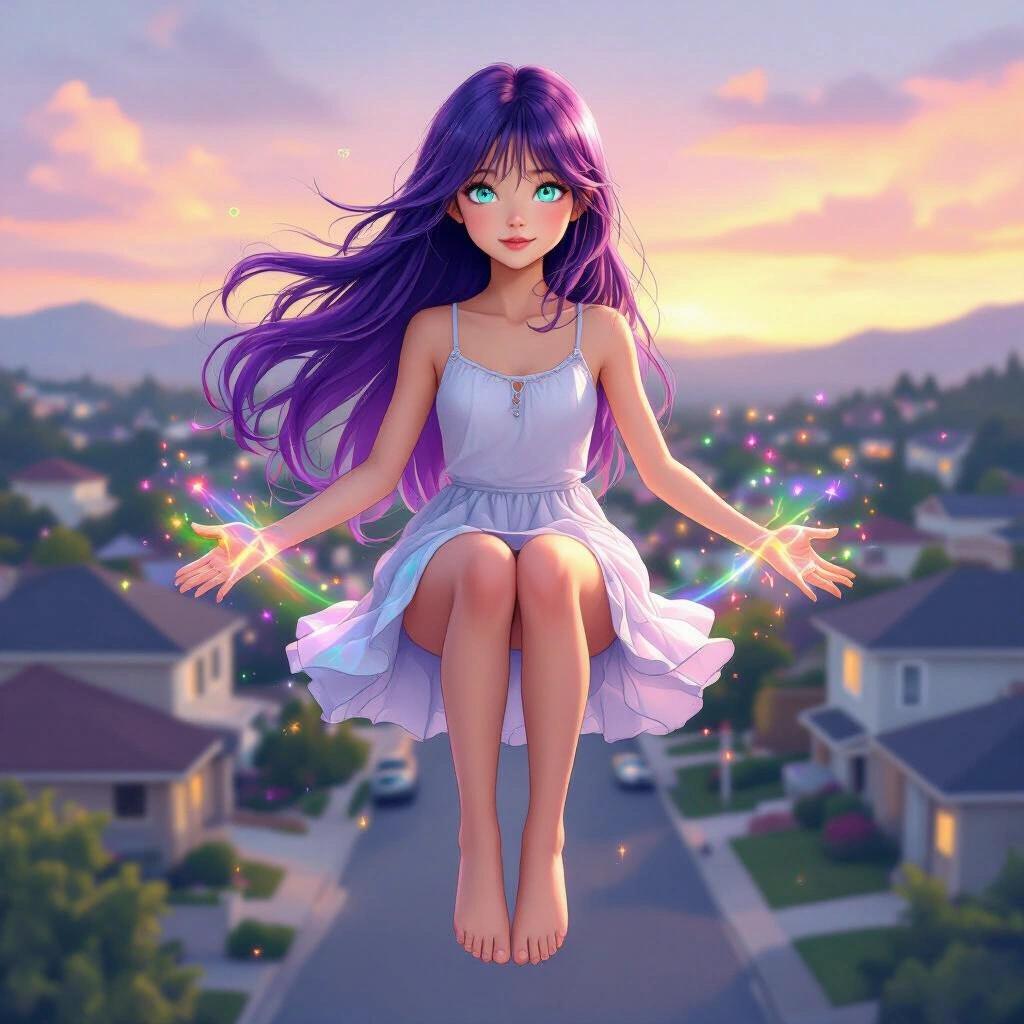 Young girl with long purple hair and turquoise eyes levitating above a suburban neighborhood. She has a serene expression and relaxed pose. Her hands glimmer with rainbow light against a sunset backdrop.