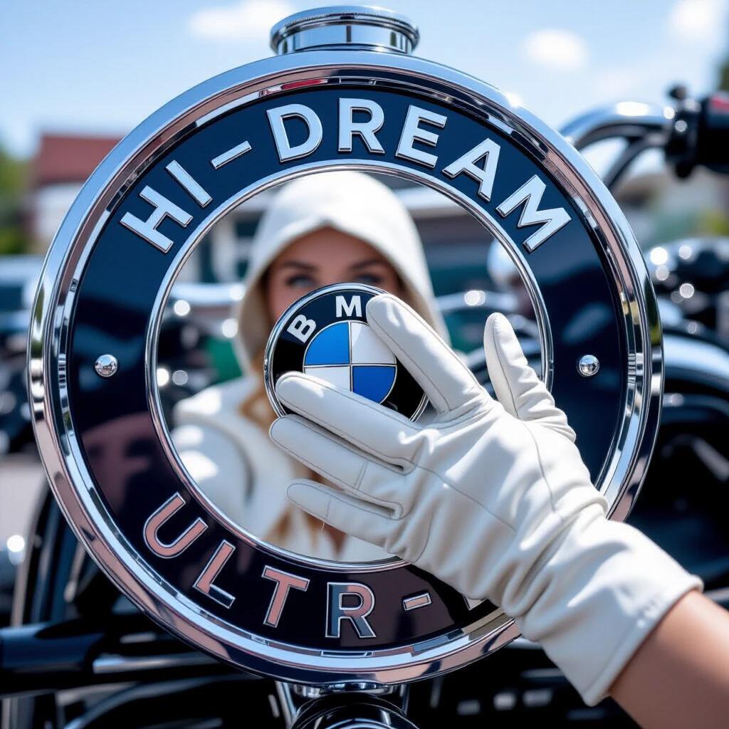 Close-up of a chrome motorcycle emblem. Reflection shows a glove near the emblem. Vintage design elements highlighted. Shot during the golden hour with an alpine backdrop. Focusing on macro details.