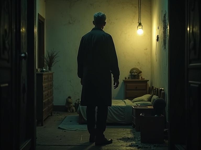 Scene depicts an investigator named Iyad standing in an old childhood bedroom. The room contains scattered toys and a small bed. Dim yellow light casts an eerie glow. Iyad has gray hair and calm features, representing a seasoned detective. A mysterious shadow appears before him, resembling a dwarf with glowing eyes. The atmosphere is dark and nostalgic, enhancing the haunting essence of the image.