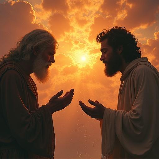 God giving spiritual guidance to a follower in a serene sunset background. Two male figures facing each other, sharing a moment of enlightenment and connection.