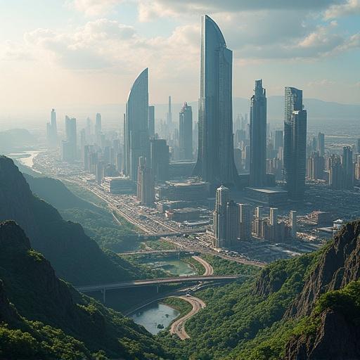 A vast futuristic cityscape filled with towering skyscrapers. The scene includes the financial center marked by two clusters of massive skyscrapers. Industrial areas feature automated factories and drone logistics hubs visible. A large educational complex can be identified, with expansive areas for student activities. The elevated park stretches through the city, lined with greens. The nightlife area is situated in a uniquely designed underground quarry.