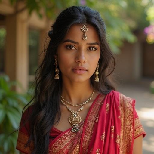 A woman wearing a traditional Indian sari with beautiful jewelry. Imagery captures her grace and cultural attire.