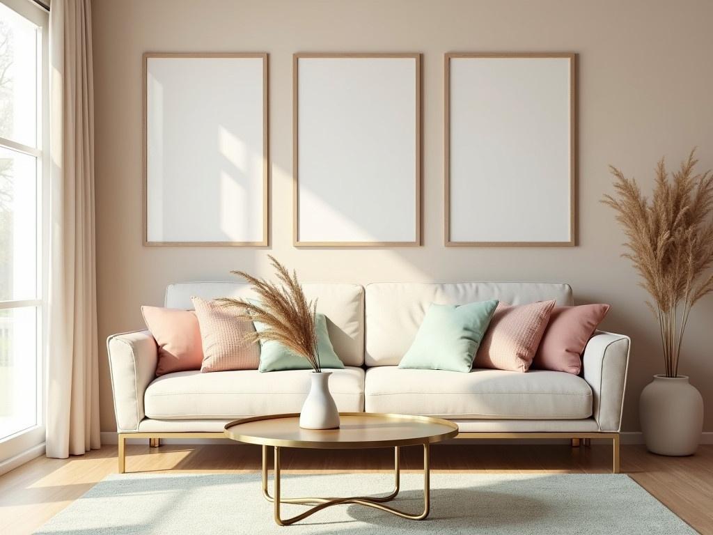 In a modern living room filled with pastel colors, a sleek sofa sits centered against a soft beige wall. Above the couch, there are three empty frames ready for artwork, maintaining a clean and minimalist look. The couch is adorned with textured pillows in soft pastel shades of pink and mint green. A stylish round coffee table made from gold metal is placed in front of the sofa, showcasing a simple white vase with delicate pampas grass. A small, inviting area rug adds warmth to the space, featuring gentle pastel tones. Light streams through large windows, creating a bright and airy atmosphere.