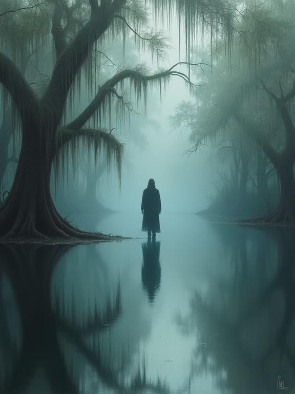 A painting depicting a solitary figure at the edge of a foggy bayou surrounded by cypress trees. The waters reflect the scene in a ghostly manner. Shadows dominate the figure's appearance.