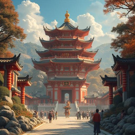A serene autumn landscape featuring a winding stone path flanked by colorful trees and buildings leading to a church bell tower surrounded by mountains. Soft, warm colors create a tranquil and cozy atmosphere, with mist covering distant peaks for a magical feel.