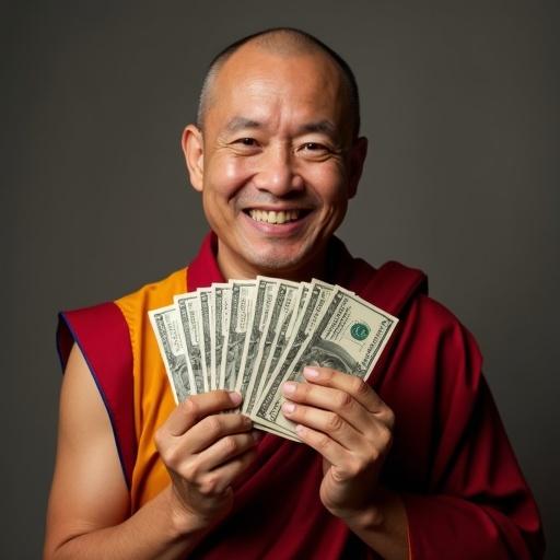 Realistic image features monk holding money in hands. The monk smiles and looks directly at the camera. His clothing is traditional and colorful. The background is neutral to emphasize the subject.