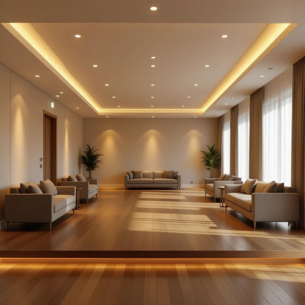 Multipurpose hall with smooth wooden flooring. Clean modern ceiling with recessed lights. Luxurious sofas placed neatly along the sides. Open uncluttered layout. Warm lighting and minimal elegant design. Suitable for residential gatherings and community events. Upscale atmosphere that feels grounded. Photorealistic 8k rendering with realistic materials and no skylight or curved surfaces. Calm and welcoming vibe.