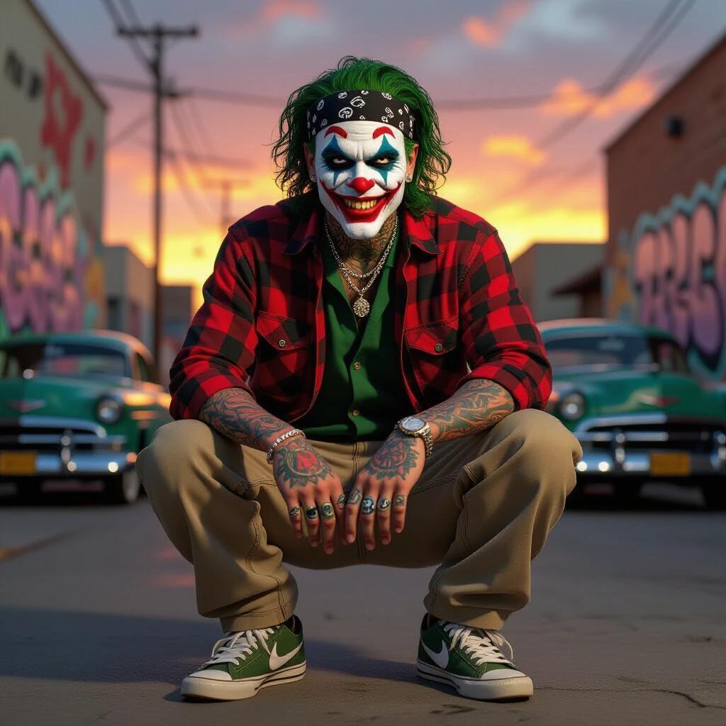 Chicano-style Joker depicted in a vibrant urban setting. Character wears a bandana and flannel shirt paired with khaki pants and Nike Cortez sneakers. Makeup includes white face and green hair with big red lips. Tattoos feature Day of the Dead designs. Background has graffiti walls and lowrider cars under a colorful sunset. Realistic style with gritty details.