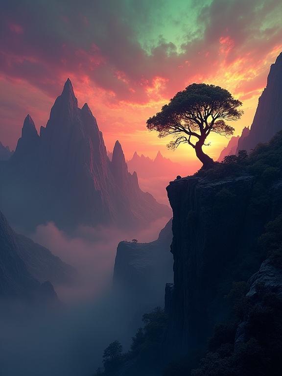 A photograph depicting a jagged mountain range against a vibrant sunset. The sky features deep purples, fiery oranges, and emerald green. A gnarled tree stands on a rocky precipice with branches reaching towards the sky. Soft light illuminates the scene, casting shadows and highlighting the landscape's beauty.