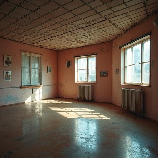Image of an empty studio. Walls are painted soft pink with vintage charm. Two large windows allow natural light. Floor is reflective with a sunlit patch. Radiators visible. Decor features paintings around the room. Soft atmospheric feel in 80s and 90s style.