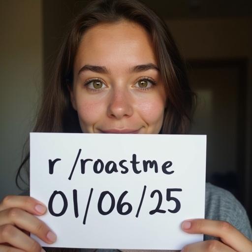 Teenage woman holds a handwritten note. The note says r/roastme and the date 01/06/25. Focus on her face. Low quality selfie photo with poor lighting. Amateur photo style.