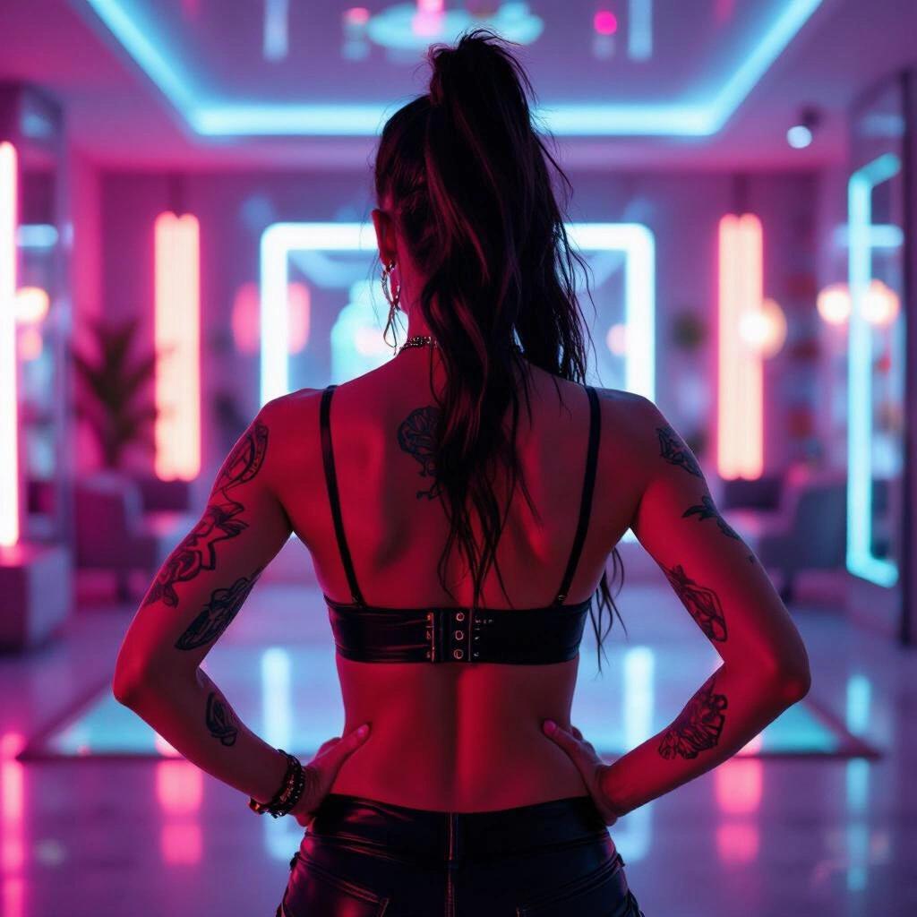 Shot of a tattoo gamer chick from a low side angle. She leans forward with hands behind back, facing away. Dressed in a mirrored crop top, showcases a luxury neon penthouse suite. Captured as a raw photo.