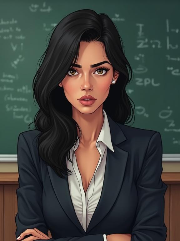 Upper body portrait of a female in a dark business suit with a strict expression. She has light eyes and dark hair. The background features a school office with chalk writings. The illustration uses soft and diffused lighting in a comic book style.