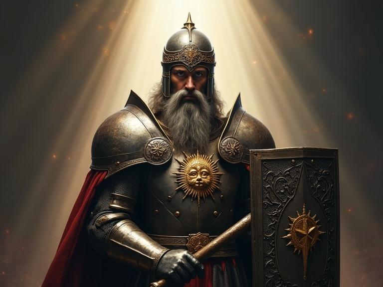 A detailed image featuring an armored cleric with a steel helm adorned with a golden sun emblem. The cleric has a gray beard and holds a war-hammer in the right hand while a long rectangular shield is in the left hand. Blinding rays of light shine down from above, creating a dramatic effect.