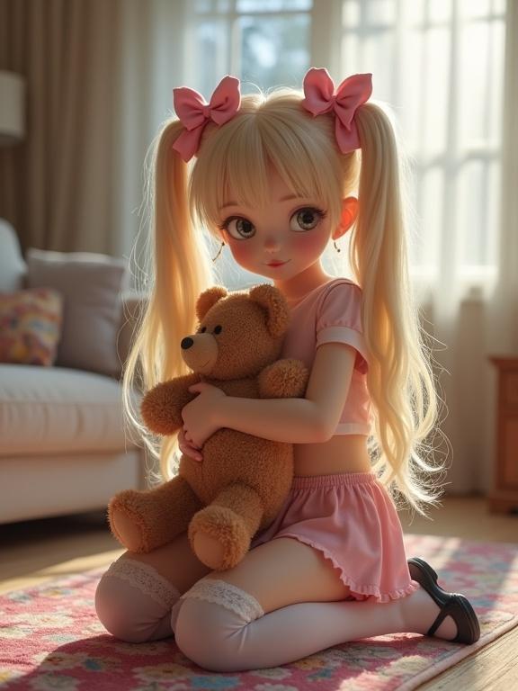 Cellphone photo. Teen with long blonde twin tails and pink bows. Kneels on a colorful rug. Soft-lit living room. Wearing a crop top and pale pink skirt. Thigh-high socks with lace. Simple black shoes. Hugging a teddy bear.