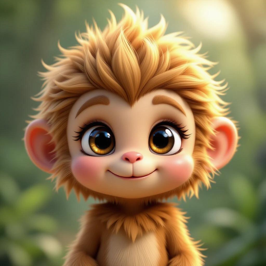 3D cartoon monkey character with golden fluffy hair and big bright eyes. Adorable round face with delicate nose. Cheerful expression. Appears friendly and approachable.