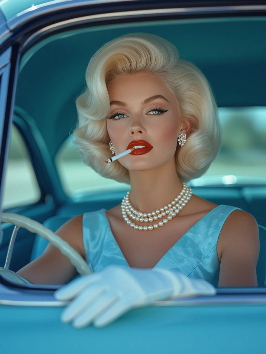 Portrait of a 1960s woman with voluminous platinum blonde hair elegant pearl necklace and diamond earrings wearing light blue sun dress Holding a cigarette while driving a car Flawless makeup with winged eyeliner and ruby red lips Accessories include white gloves and high heels rendered in Slim Aarons style